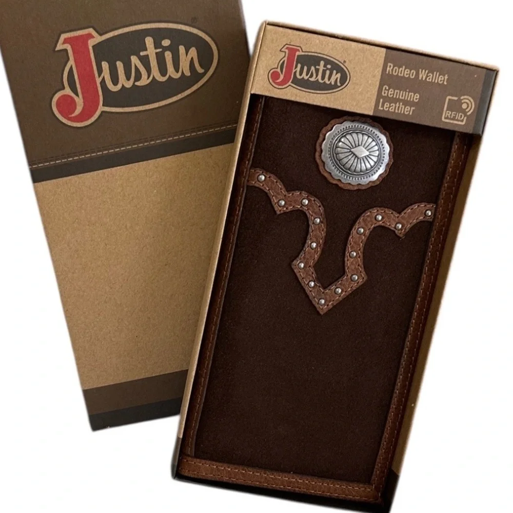 New Justin Men's Rodeo Wallet Brown Suede Genuine Leather RFID Checkbook Western